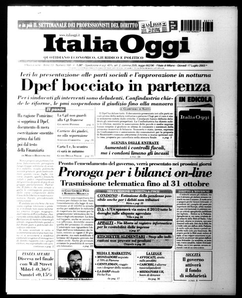 Italia oggi : quotidiano di economia finanza e politica